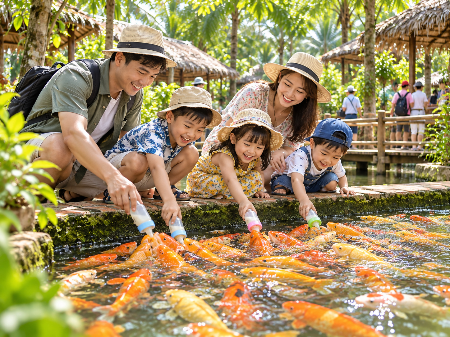 Gia đình và trẻ em trải nghiệm trò chơi cá bú bình tại Cồn Phụng, dùng bình sữa cho đàn cá nhiều màu sắc ăn bên hồ nước.