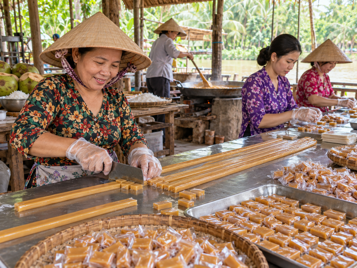 Người dân cắt và gói kẹo dừa thủ công tại làng nghề Cồn Phụng, với những thanh kẹo dừa và khay kẹo thành phẩm.
