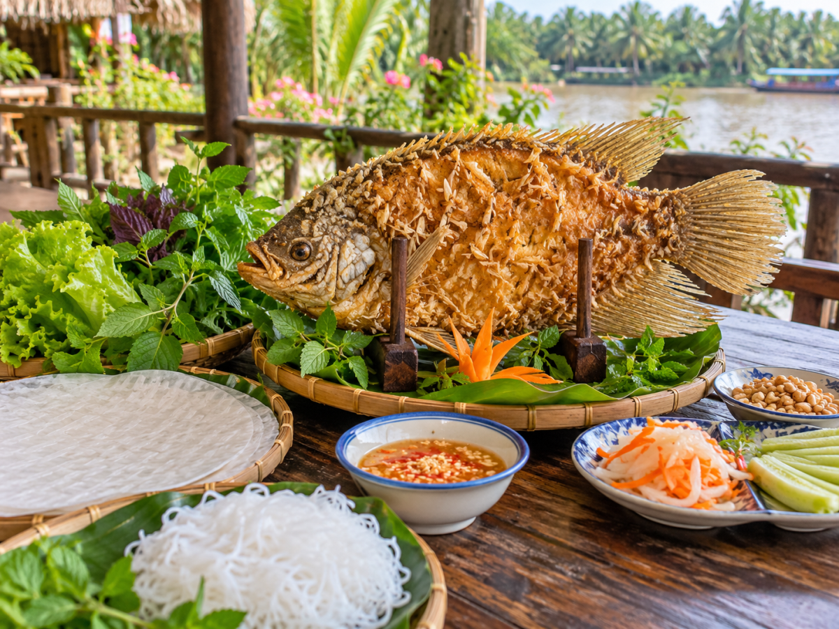 Cá tai tượng chiên xù nguyên con, lớp vảy vàng giòn dựng đứng, bày trên mẹt tre cùng rau sống, bún tươi, bánh tráng và chén nước chấm bên khung cảnh sông nước miền Tây.
