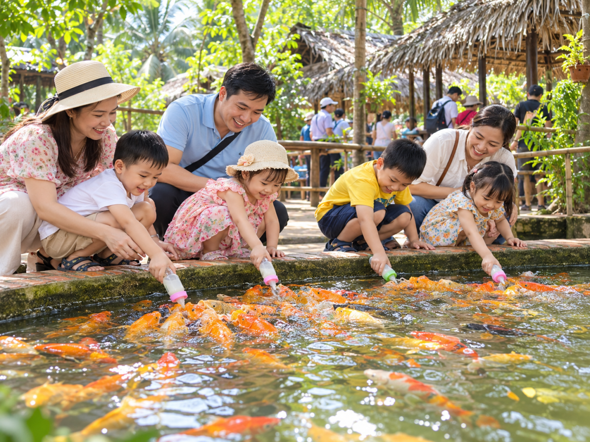 Gia đình và trẻ em trải nghiệm cho cá bú bình tại khu du lịch Cồn Phụng, với đàn cá nhiều màu sắc tập trung bên hồ nước.