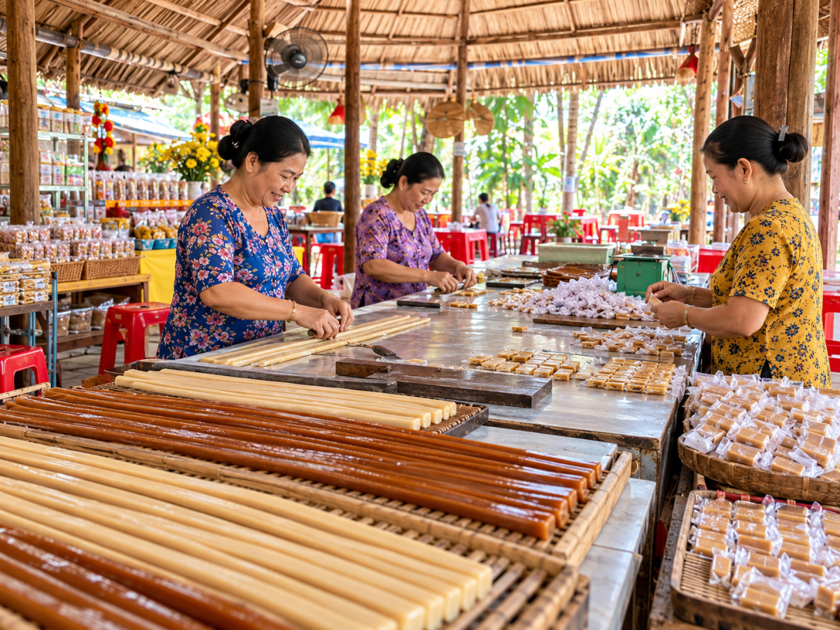 Nghệ nhân làm kẹo dừa thủ công tại làng nghề Cồn Phụng, Bến Tre, với các công đoạn tạo hình, cắt kẹo và gói kẹo dừa truyền thống.