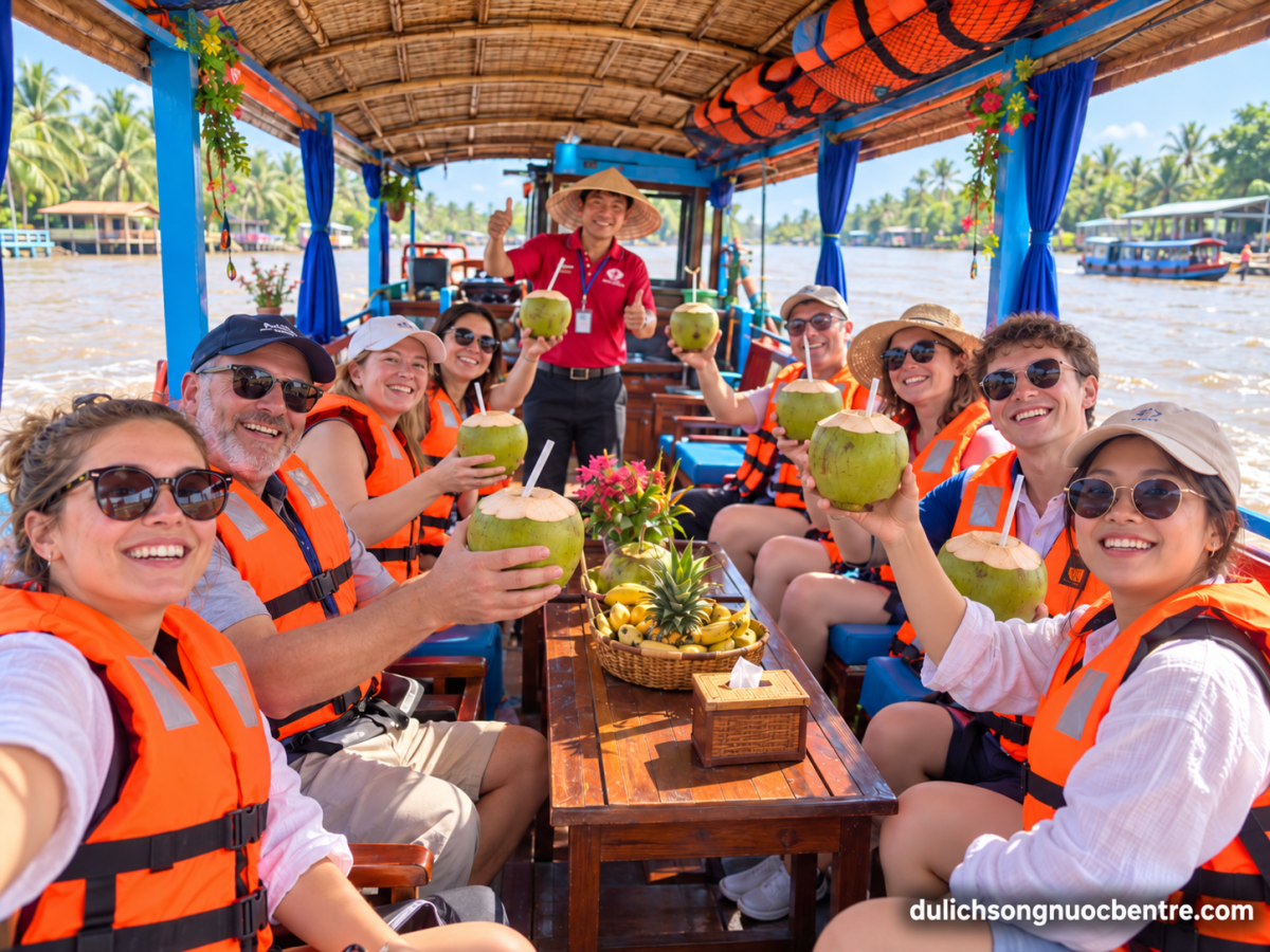Đoàn du khách mặc áo phao thưởng thức dừa tươi trên tàu du lịch tham quan sông Tiền tại Cồn Phụng, Bến Tre.
