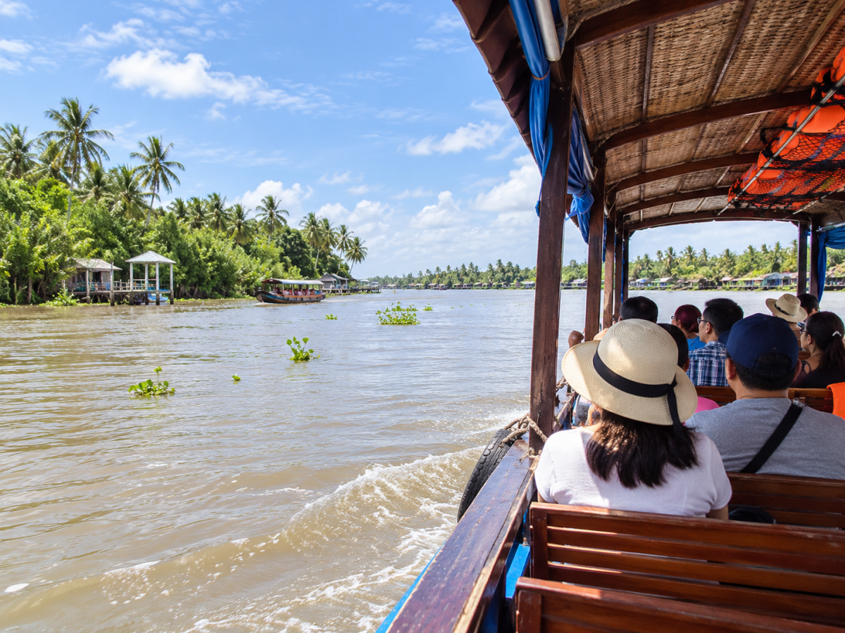 Tàu du lịch di chuyển trên sông Tiền trong hành trình tham quan Cồn Thới Sơn và Cồn Phụng.
