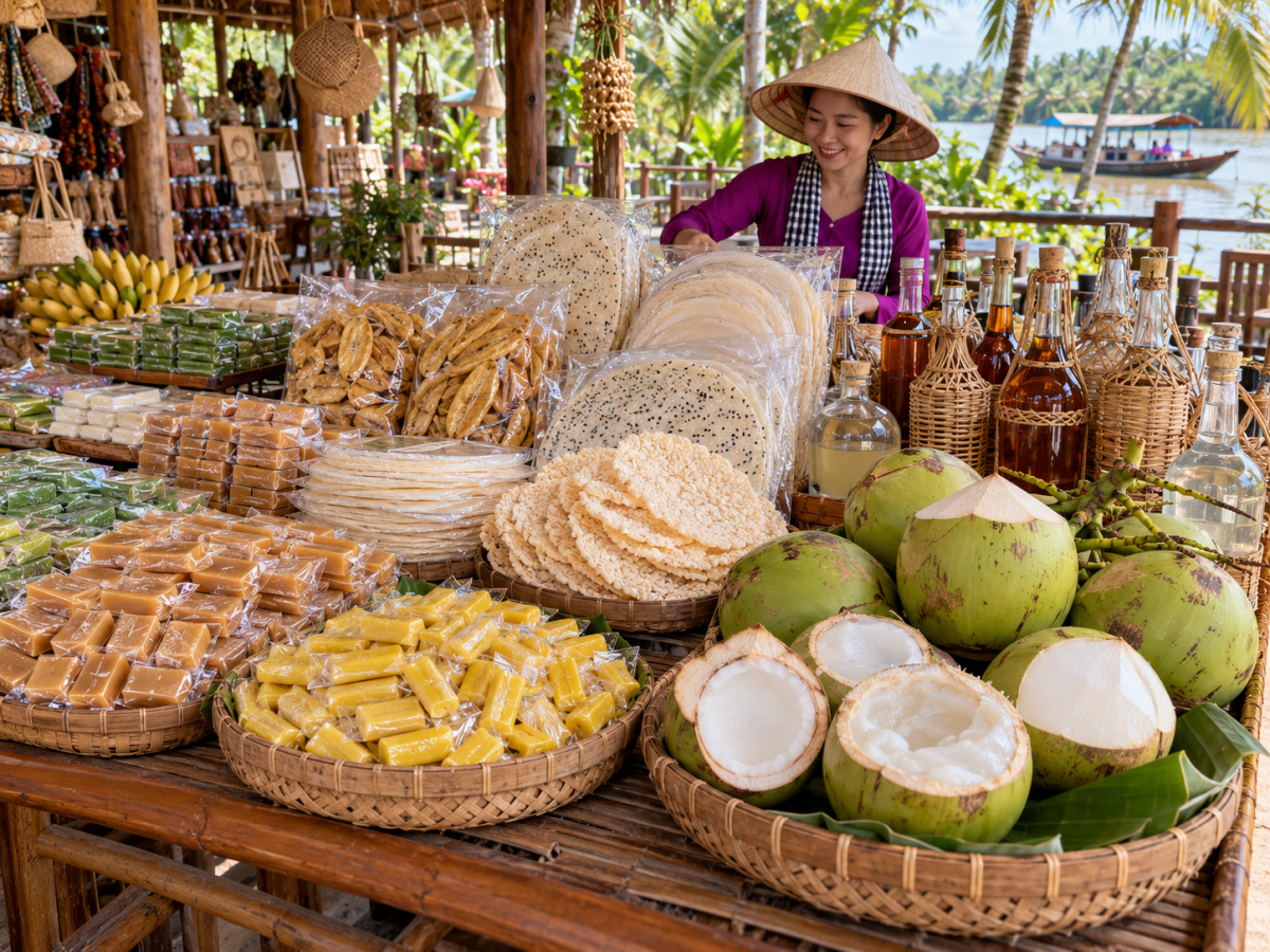 Gian hàng đặc sản Cồn Phụng trưng bày kẹo dừa, kẹo chuối, bánh tráng, bánh phồng, dừa tươi và các loại rượu truyền thống.