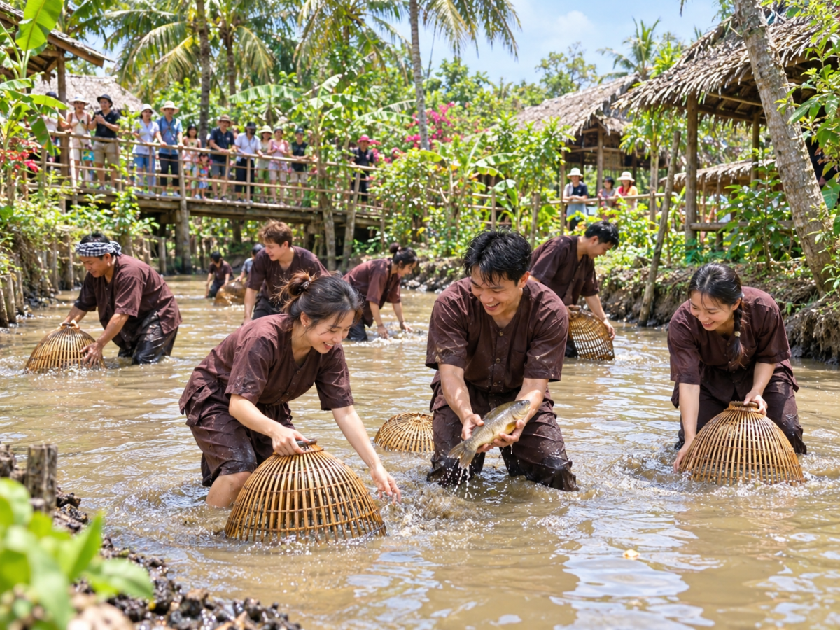 Du khách mặc áo bà ba nâu, dùng nơm tre bắt cá dưới mương nước trong hoạt động trải nghiệm tát mương bắt cá tại Cồn Phụng.