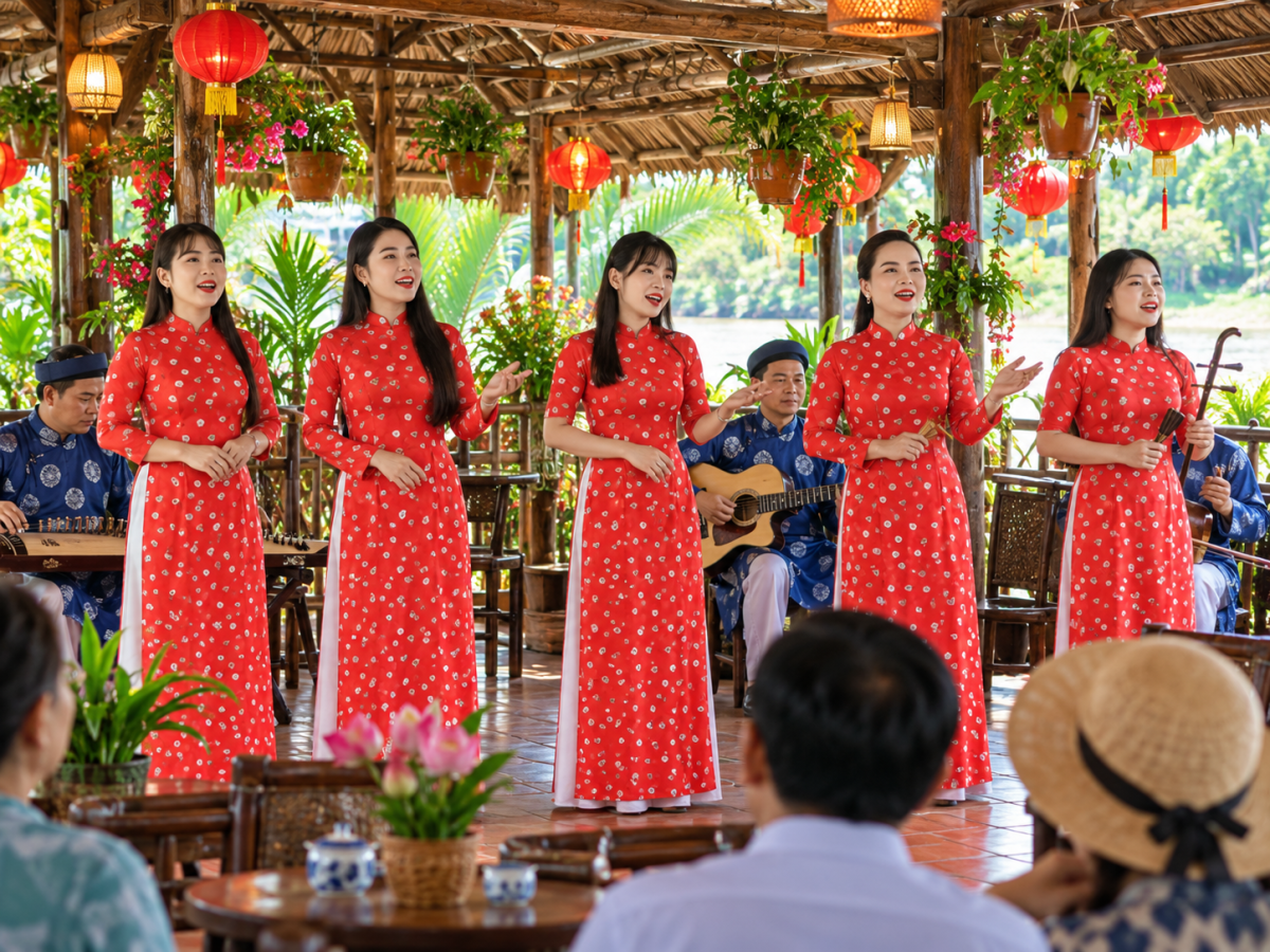 Biểu diễn đờn ca tài tử Nam Bộ với các nghệ sĩ mặc áo dài truyền thống, phục vụ du khách tại khu du lịch Cồn Phụng, Bến Tre.