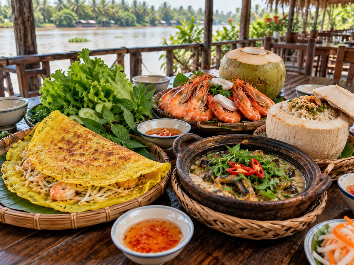 Bàn ăn đặc sản miền Tây tại Cồn Phụng với bánh xèo, tôm luộc nước dừa, cơm dừa và lươn um nước cốt dừa.